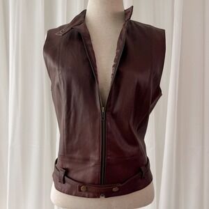 Brown Leather Vest Minimalist Zip Front Moto Style Fitted Vintage Women's Medium